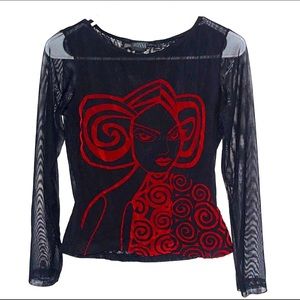 ❌SOLD OUT! DONNA long sleeve mesh overlay red velvet graphic top - Black and Red